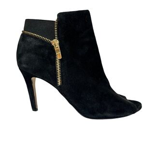 Marc Fisher Serenity Heeled Open Toe Black Suede Gold Zipper Boots Size 7.5